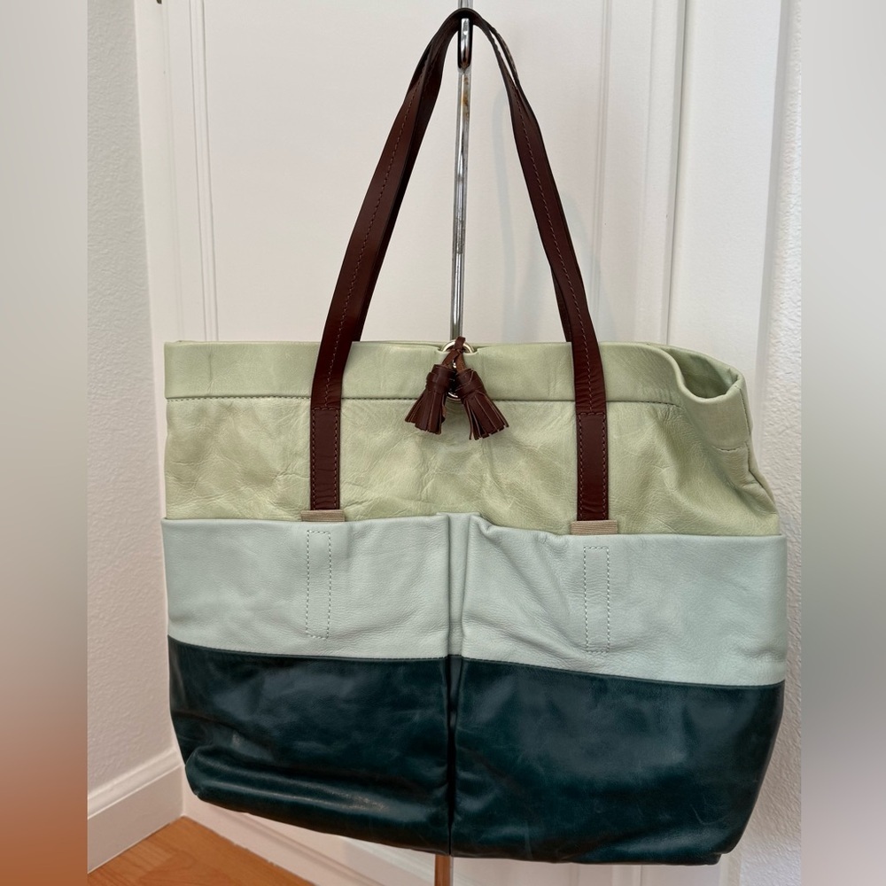 Maliparmi Tricolor Leather Tote in Mint, Sage and Dark Green with Brown Straps